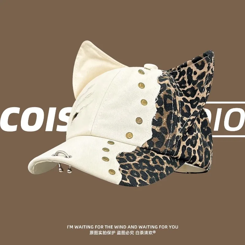 

Новые бейсболки с леопардовым принтом, персонализированные заклепками и кошачьими ушками, в стиле Y2K, для весны и лета, универсальные женские шляпы для путешествий и защиты от солнца