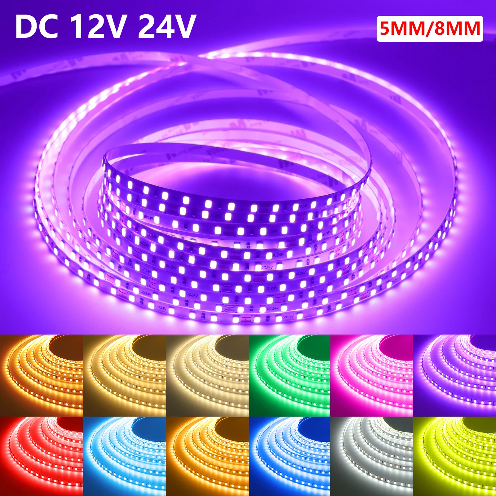 12V 24V LED Strip SMD 2835 120LEDs/m Warm White Yellow Red Green Ice Blue Pink Purple 5mm/8mm Flexible Tape for DIY Home Decor