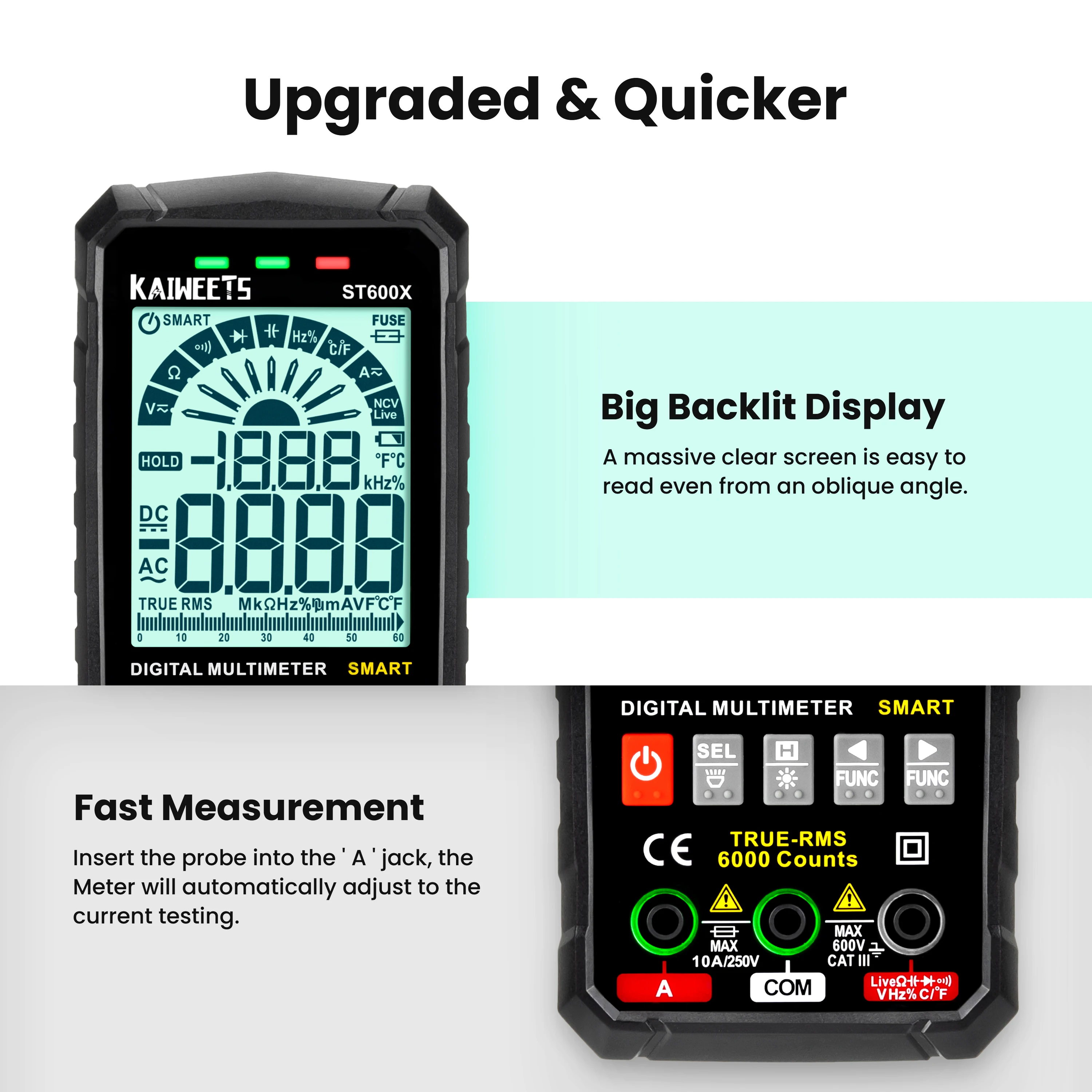 KAIWEETS ST600X Ture RMS Digital Multimeter Auto Range NCV Intelligent Multimetro Tester AC DC Voltage Capacitance Ohm Hz Meter