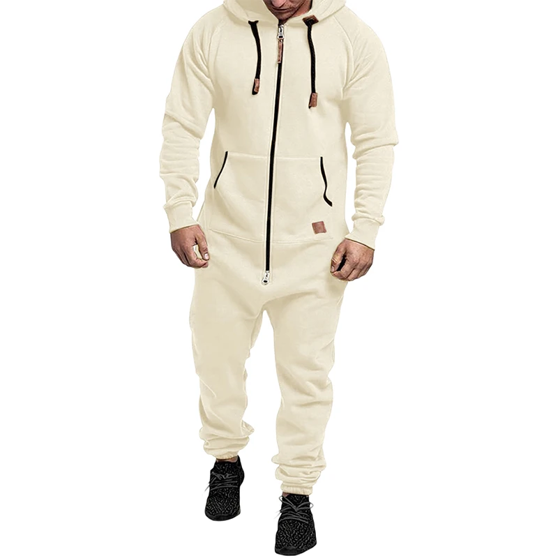 Men's Winter Drawstring Hooded Jumpsuits with Pockets Warm Long Sleeve Full Zipper Up Overalls Sweatsuits