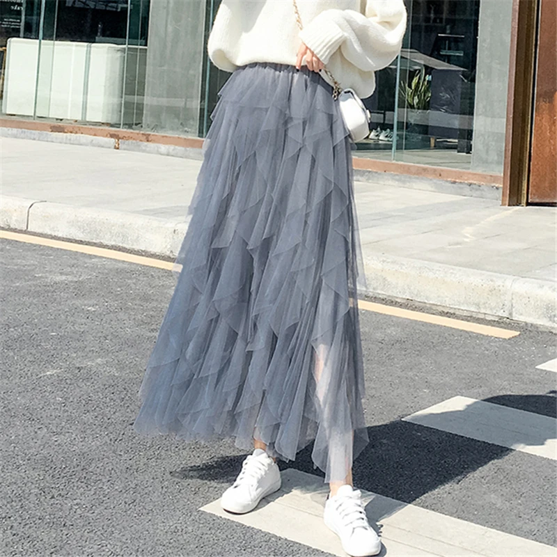 تنورات شبكية طويلة ذات مطوي من Seoulish للنساء ، خصر مرتفع ، لون ثابت ، عصري ، طويل ، لفصلي الربيع والصيف ، جديد ،