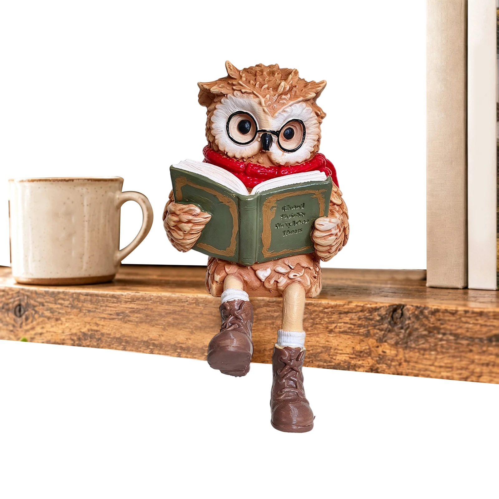 Dangling Legs Owl Figurine Reading Book Resin Statue Round Glasses Scarf Handcrafted Bookshelf Home Decor Ornament