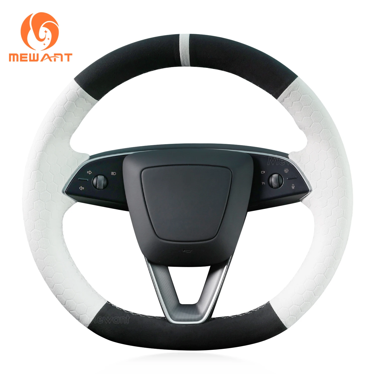 MEWANT Embossed Alcantara Car Steering Wheel Cover for Tesla Model 3 2023 2024 White Car Steering Wheel Cover Wrap