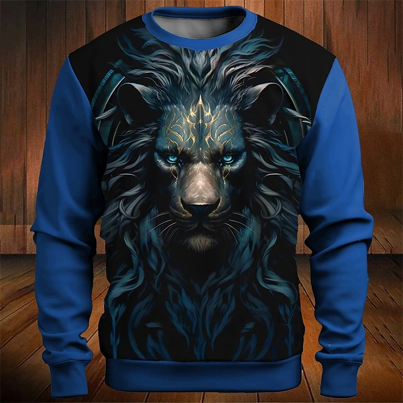 Lion Pattern 3D Printing Round Neck Hoodies Comfortable Breathable Men's Clothing Trend Retro Male Top Dazzling Cool Clothing