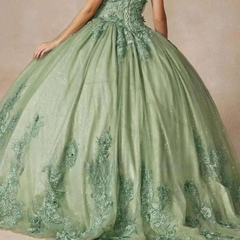 Robes de Quinceanera personnalisées, boule de princesse verte sauge, longue épaule, flash nu, décalque de fleurs luxueuses, mode, quelles que soient les robes Quinceanera