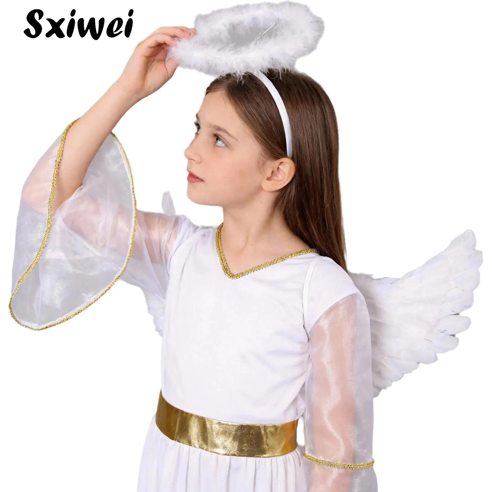 

Kids Girls Angel Cosplay Costume Outfit Long Sleeve White Angel Dress with Angel Wings Hair Hoop Set Halloween Stage Performance