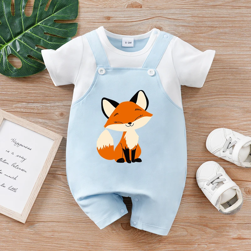 

Летний комбинезон из 2 предметов с подтяжками и лисой для новорожденных мальчиков, девочек и малышей, синий полосатый комбинезон с короткими рукавами и круглым вырезом, мягкий