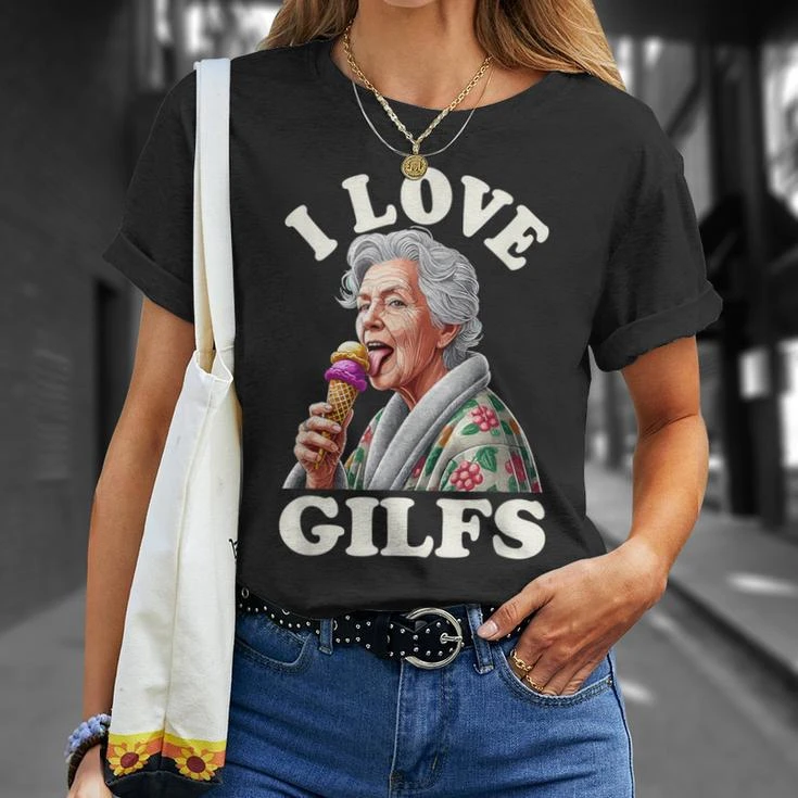 T-shirt unisexe amusant avec motif « I Love Gilfs », imprimé vintage « Grandma Licking Ice Cream Meme », coupe ample en coton à manches courtes, style Y2K