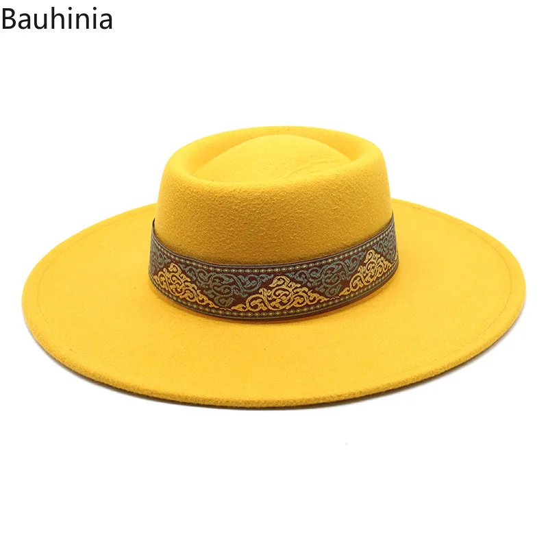 Bauhinia Hats for Women 9.5cm Big Brim Fashion Winter Fedoras Hats Men Gentlemen Panama Jazz Caps Sombreros De Mujer