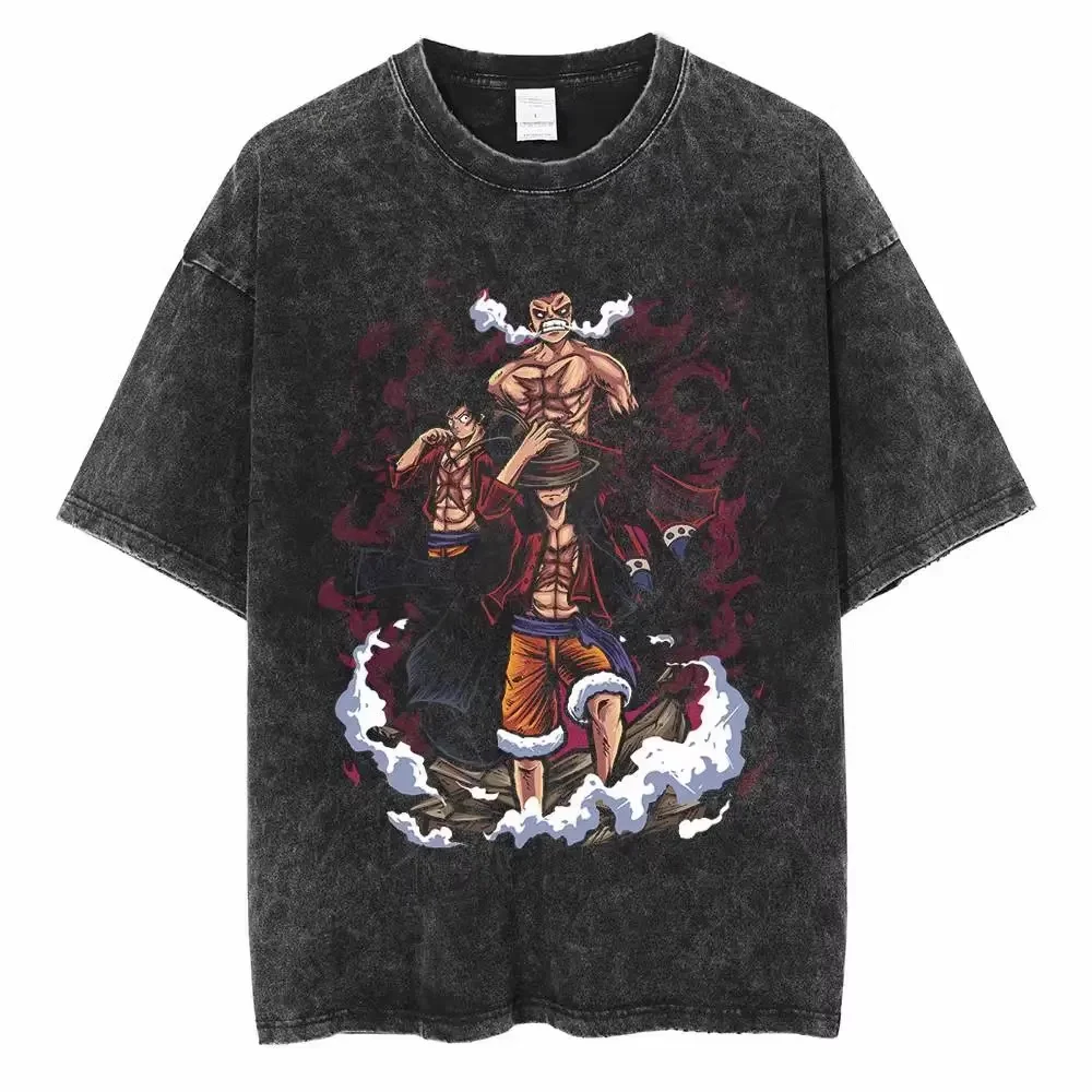 

One Piece, One Piece Washed Harajuku Streetwear, Anime Casual T-shirt Pure Cotton Men's and Women's Short-sleeved Retro and Aged