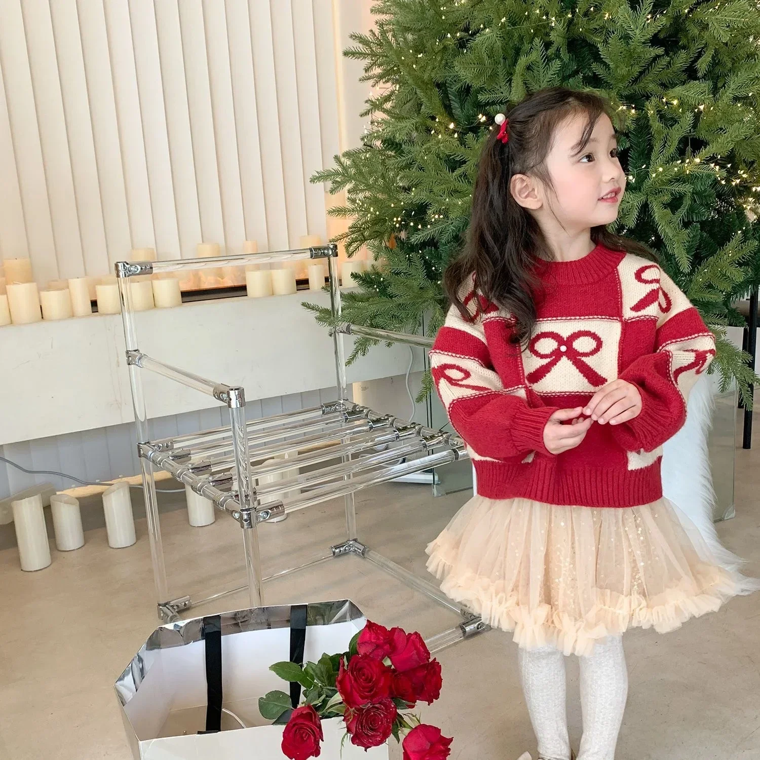 Girls Red Sweater Thickened 2024 Autumn and Winter New Style Children\'s Knitwear Children\'s Christmas New Year Line Clothing