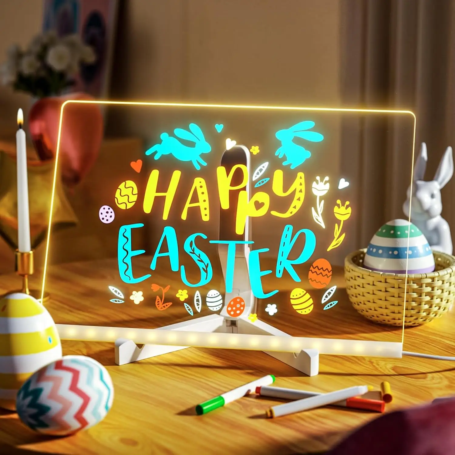 Acrylic Light Board Message Board, Reusable LED Sign with 7 Color Pens & Stand, Dry-Erase for Office Home Retail Display Decor