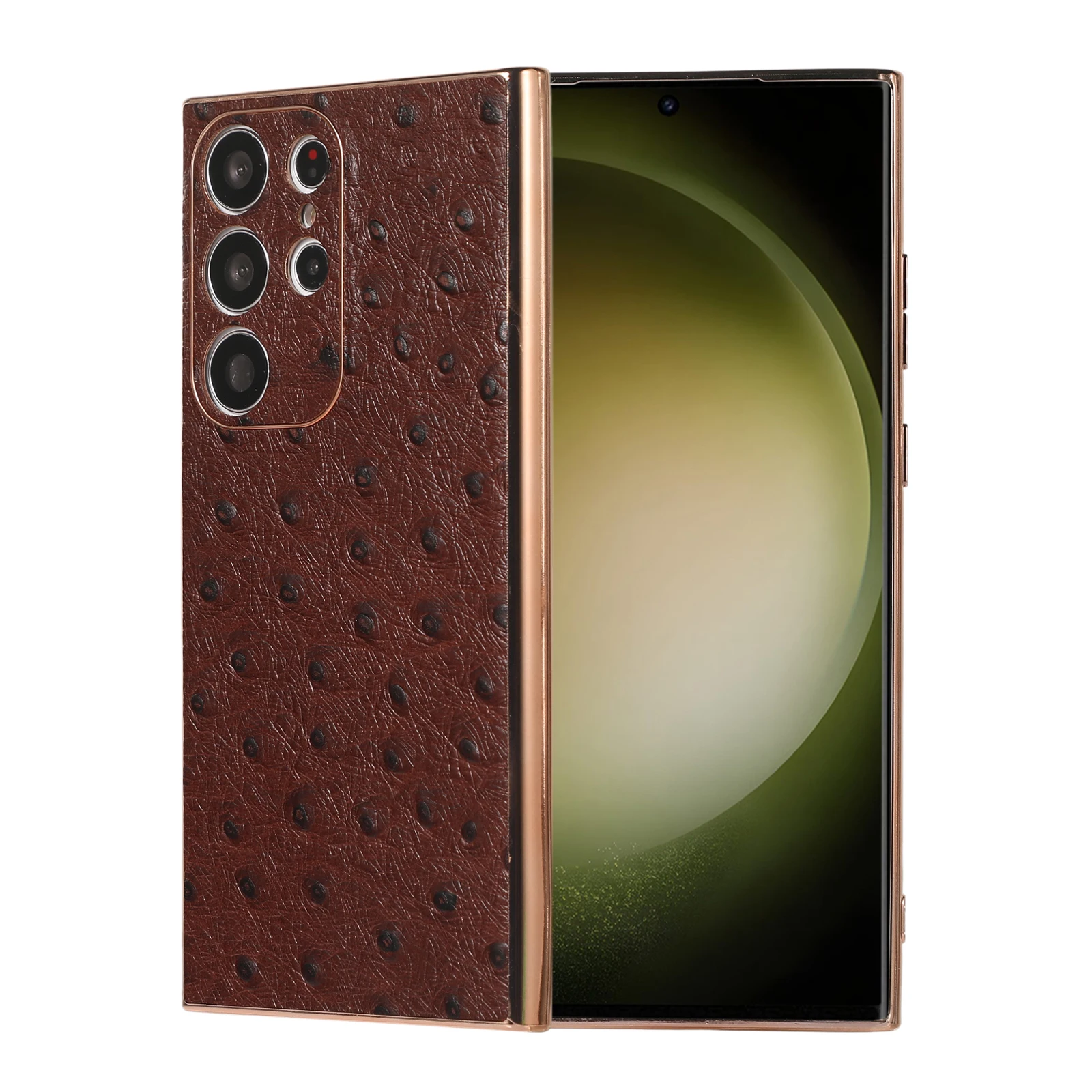 Retro Genuine Cowhide Leather Phone Case for Samsung Galaxy S23 Ultra Vintage Ostrich Skin Pattern Glossy Frame Armor Back Cover