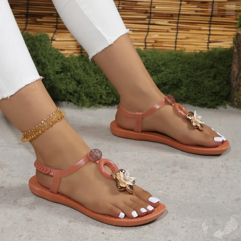 Shoes for Women 2024 Hot Sale Pinch Toe Women Sandals Summer Rome Flower Decoration Solid Solft Sole Light Casual Beach Sandals