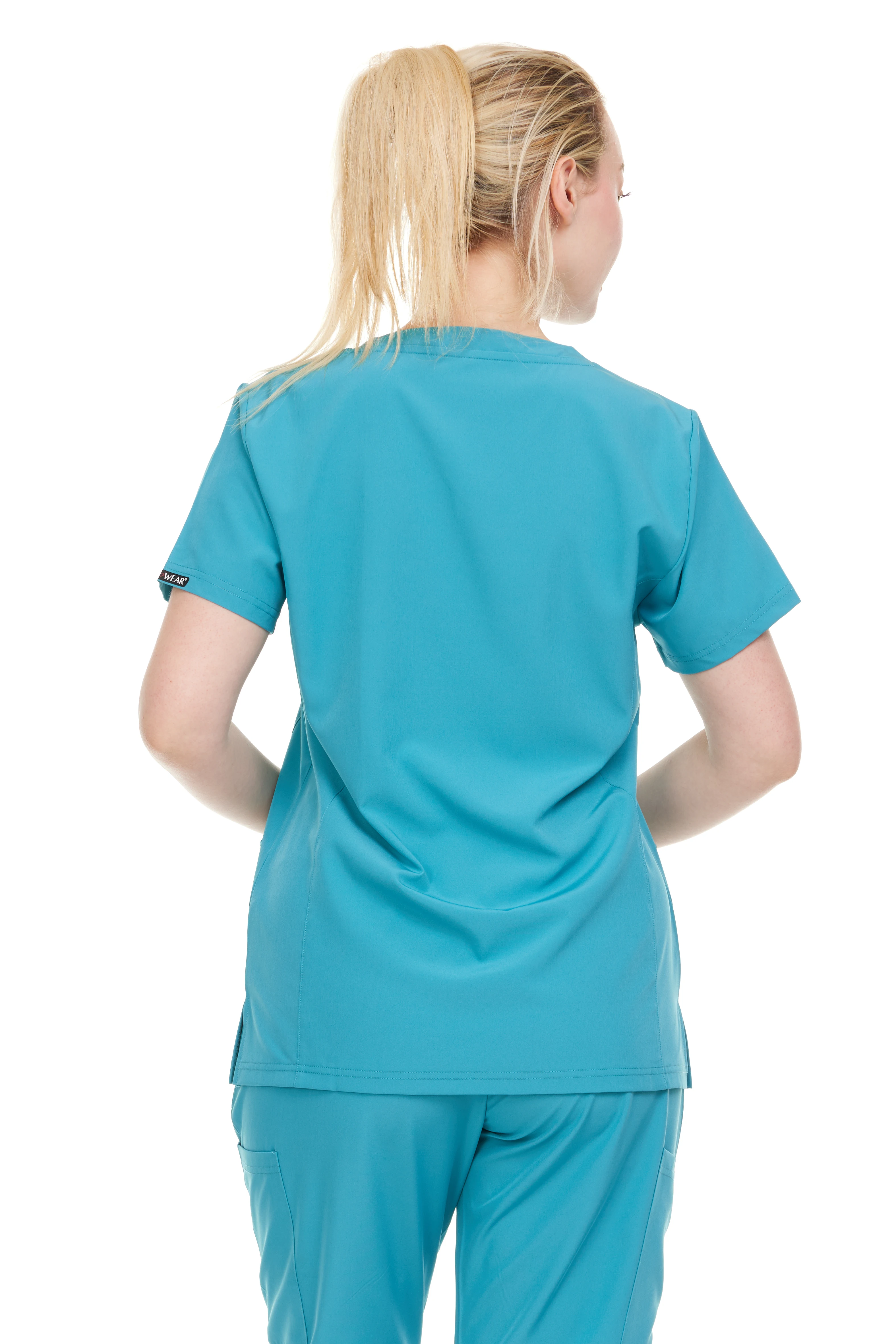 HEAL+WEAR Women Mock Wrap Scrub Top V-Neck Short Sleeve  With Pockets 4-Way Stretch