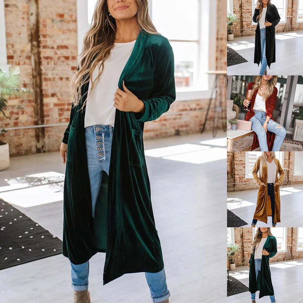 Womens Casual Business Long Jackets  Wine red  Orange  Dark green  Black  Velvet Long Sleeve Blazer Cardigan Outerwear