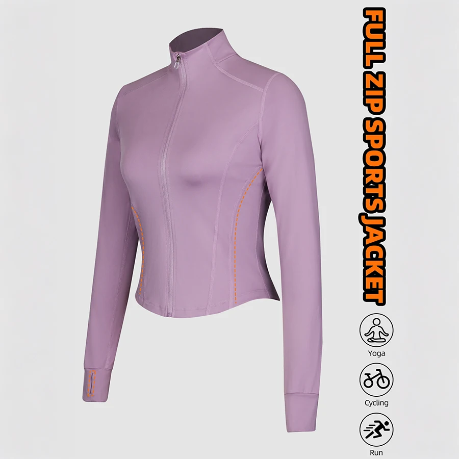 Women's Running Workout Jackets Long Sleeve Athletic Tops with Thumb Holes Stand Collar Zip Running Workout Coat Sportswear