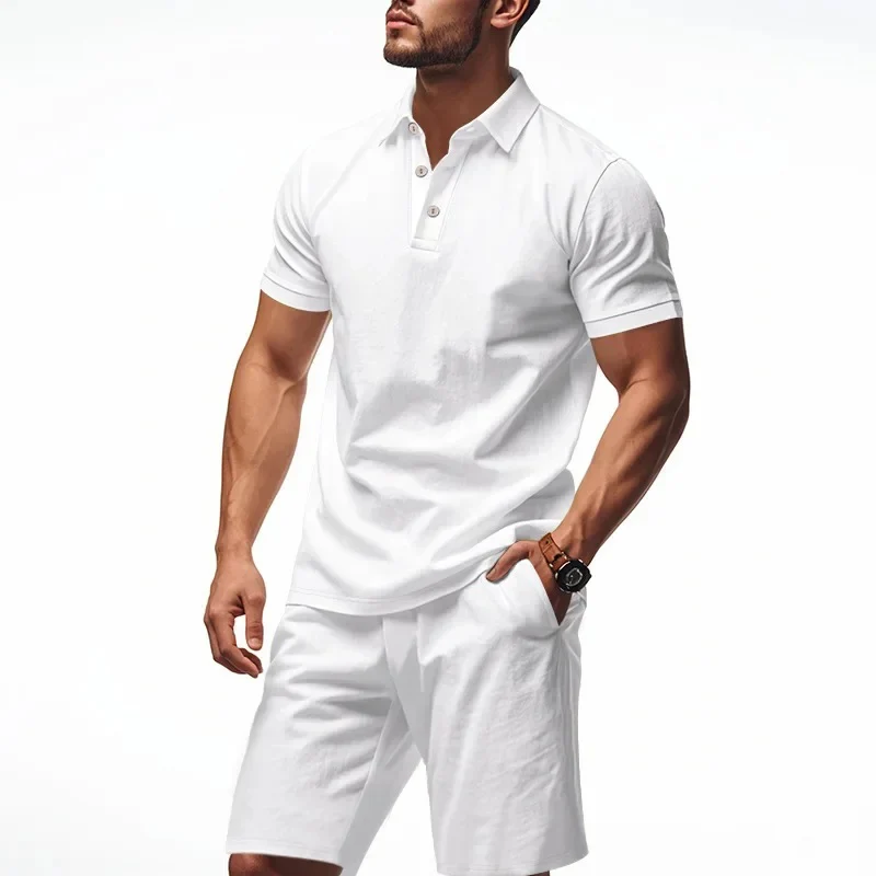 Casual Linen Men's Polo Shirt Short Sleeve Beach Shorts Set Turn-down Collar Summer New Style Men's Fashion Clothing Set