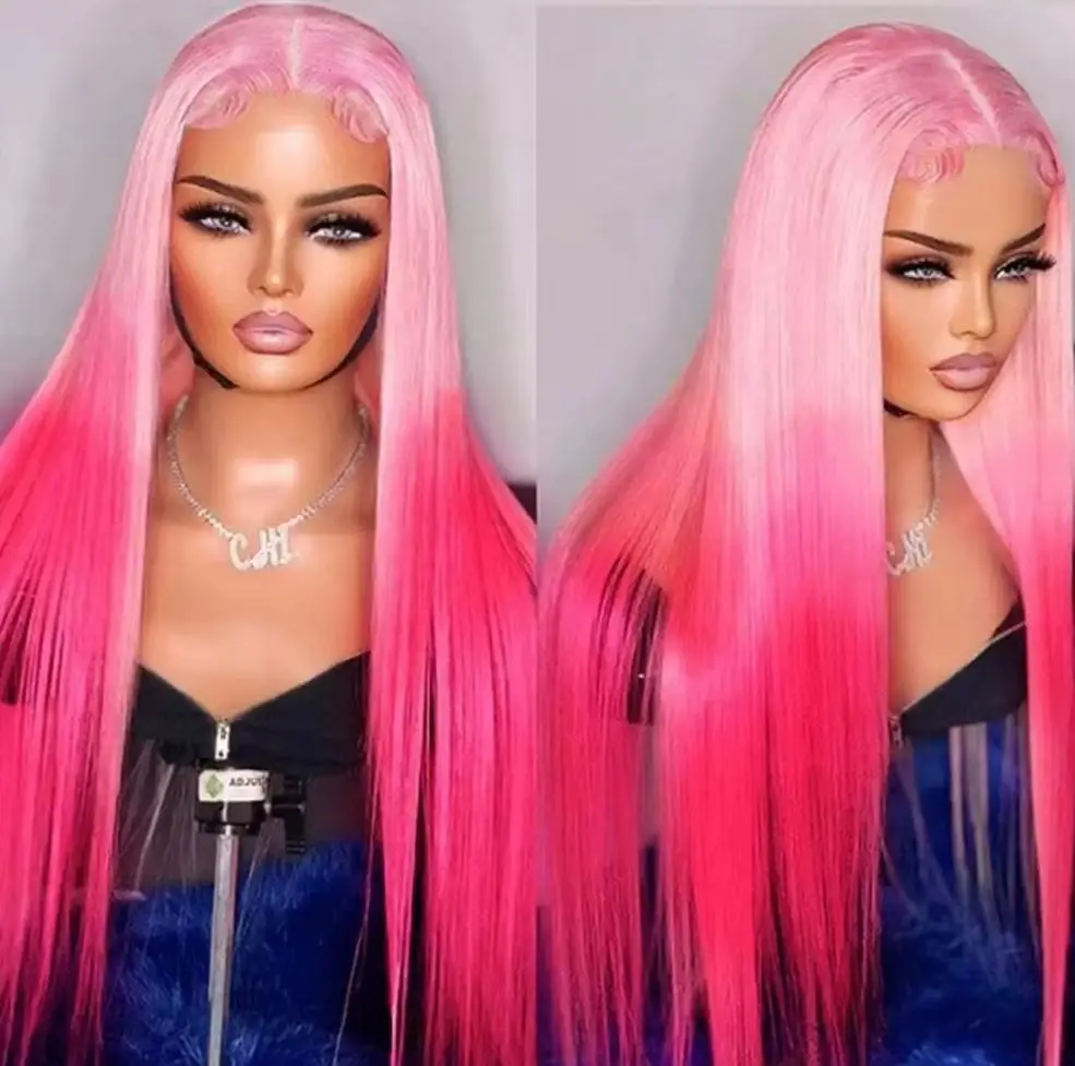 Ombre Pink Synthetic Lace Front Wigs for Women 13x4 Double Pink Color Lace Wigs Long Silky Straight Colorful Glueless Wigs