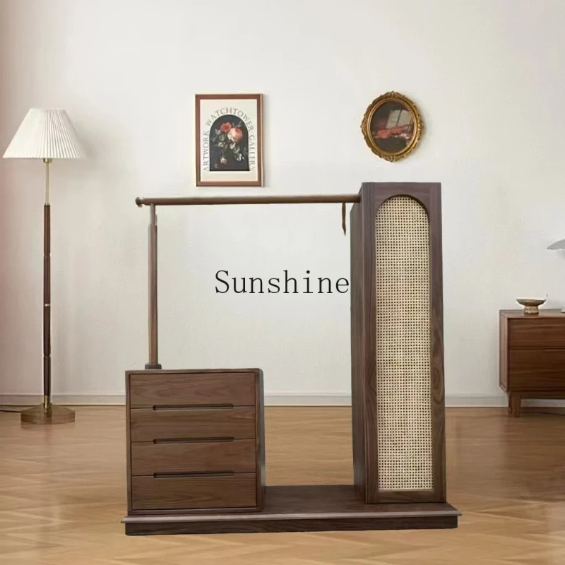 

French retro style pure solid wood coat rack with chest rattan coat rack bedroom multi-function