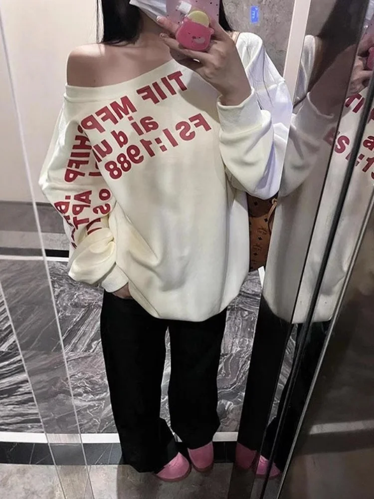 2025 Autumn Women's Sweatshirt Letter Print Off Shoulder Long Sleeve Gray Niche Loose Slim Fit Sweet