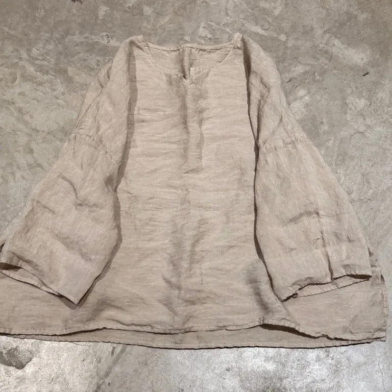 Women Vintage Solid Color V-Neck 100% Linen T-Shirts Long Sleeve Fall Autumn Batwing Tees Loose 2026 New Women Tops Pullover
