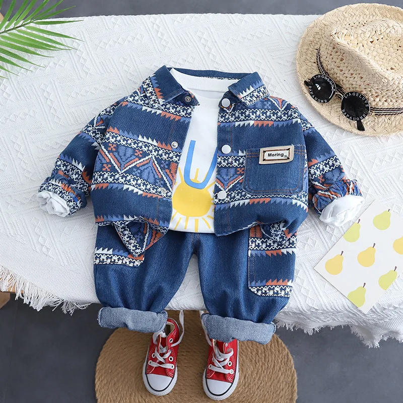 Spring Autumn Children Baby Boys 3PCS Clothes Set Printed Shirts Geometric Patterns Denim Coat Jeans Suit Toddler Boys Outfits