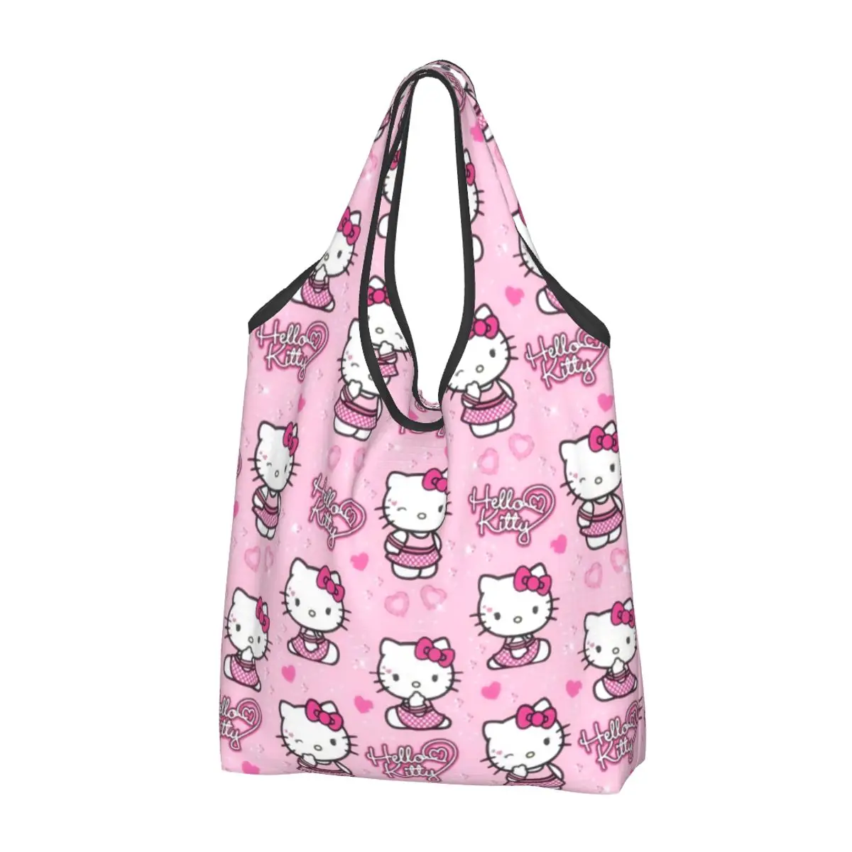 Custom Hello Kitty Manga Cat Shopping Bags Women Portable Large Capacity Grocery Tote Shopper Bags