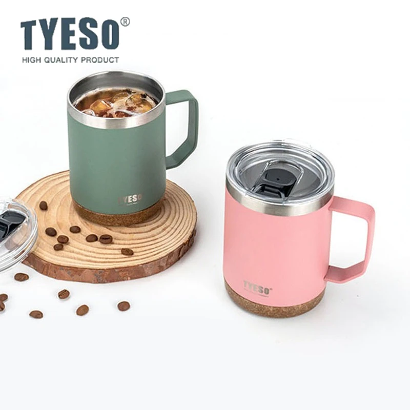 TYESO 530/710ml Vaccum Insulated Coffee Mug Stainless Steel Wood Grain Base Drinking Cup with Handle Lid for Work&Home Drinkware
