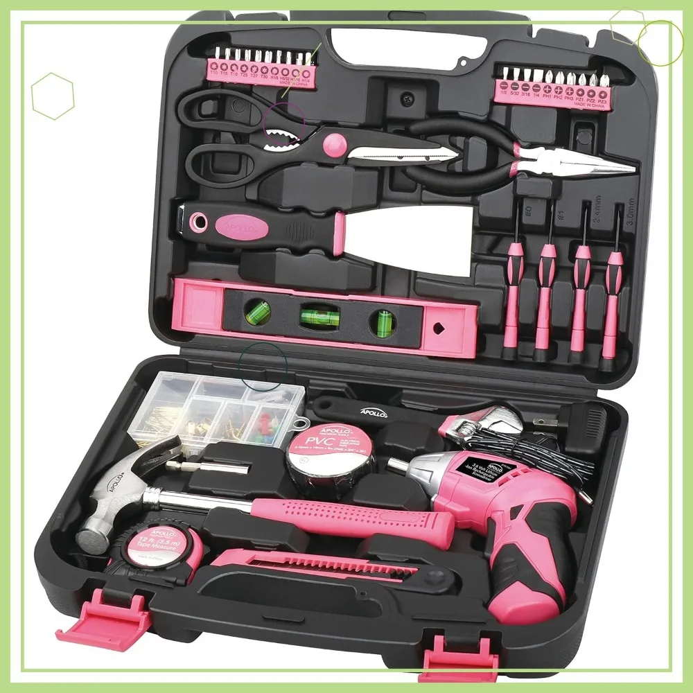 

Розовый набор бытовых инструментов из 135 предметов с аккумуляторной отверткой, молотком, гаечным ключом и другими средствами для задач своими руками