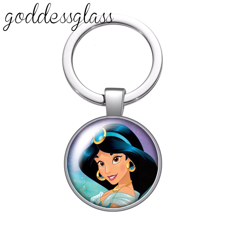 Disney Princess Jasmine Aladdin Lamp Photo glass cabochon keychain Bag Car key chain Ring Holder Charms keychains gift