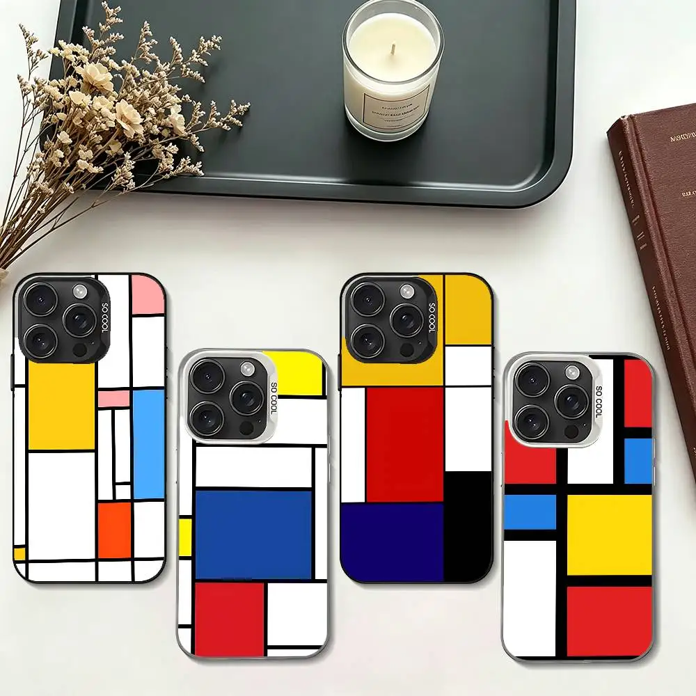 Art P-Piet Mondrian Color Silver Electroplated Shockproof Case For IPhone 17 16 15 14 13 12 11 Pro Max
