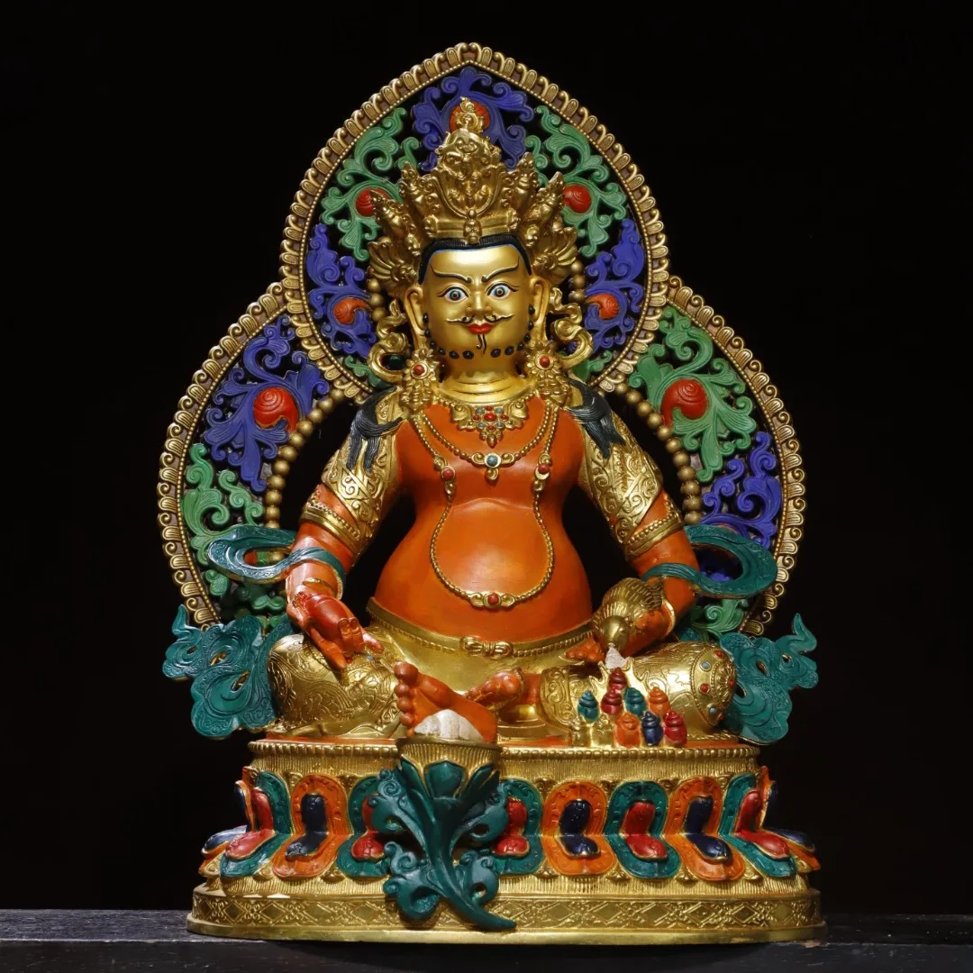 Old Bronze Painted Gilded Cinnabar Yellow Jambhala Sitting Buddha Backlight Lotus Platform Worship Hall