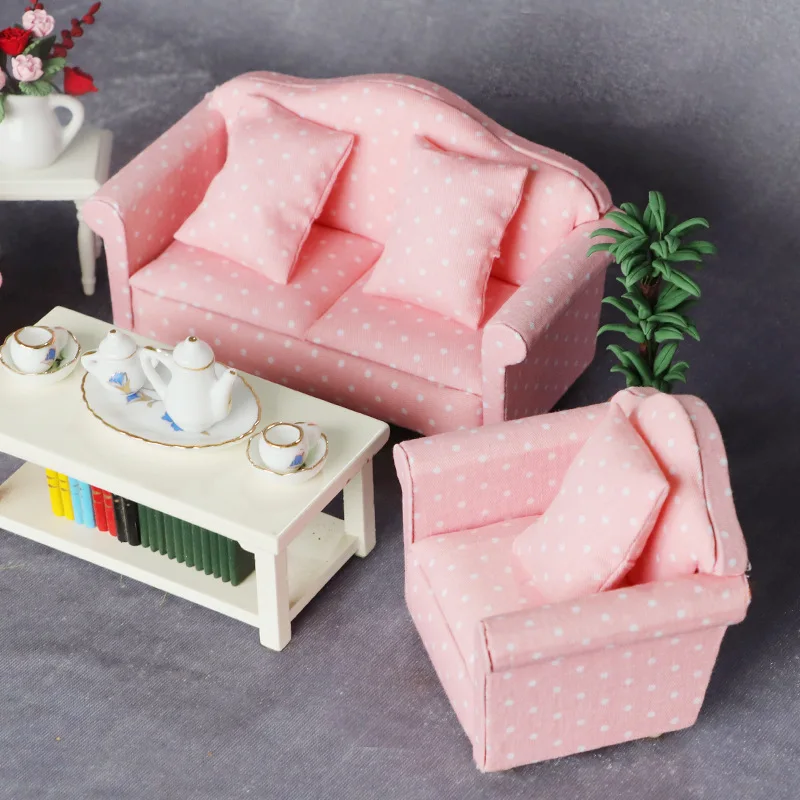 1:12 Dollhouse Miniature Furniture - Living Room Pink Polka Dot Sofa 3-Piece Set with Cushions