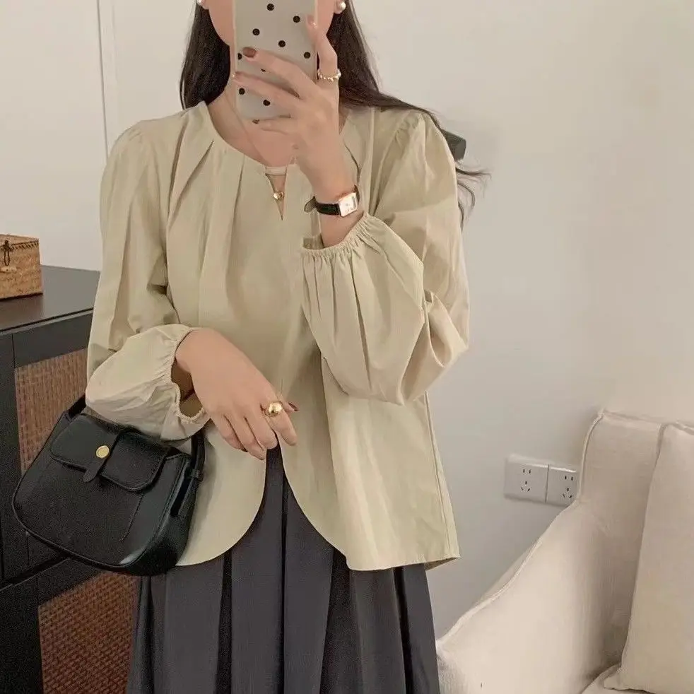 

2024 New Spring And Autumn Season Pleated Shirt Women's Hollow Long Sleeve Versatile Fashion Round Neck Top