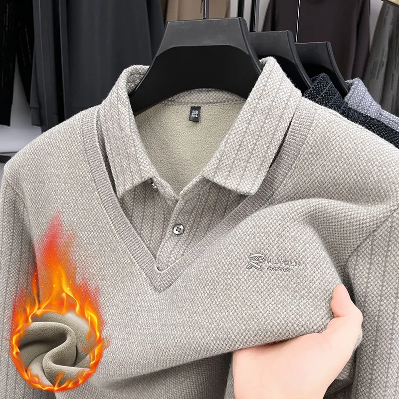 

Winter Plush Thickened Sweater Men's Fake Two Lapels To Keep Warm Middle-aged Dad's Knitted Sweater Bottoming Polo Shirt