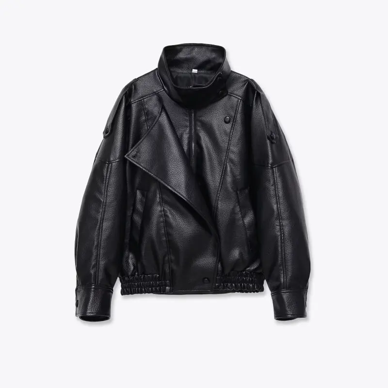 

Women’s Long Sleeve Stand Collar Utility Fashion Leather Jacket - Cargo Style Coat