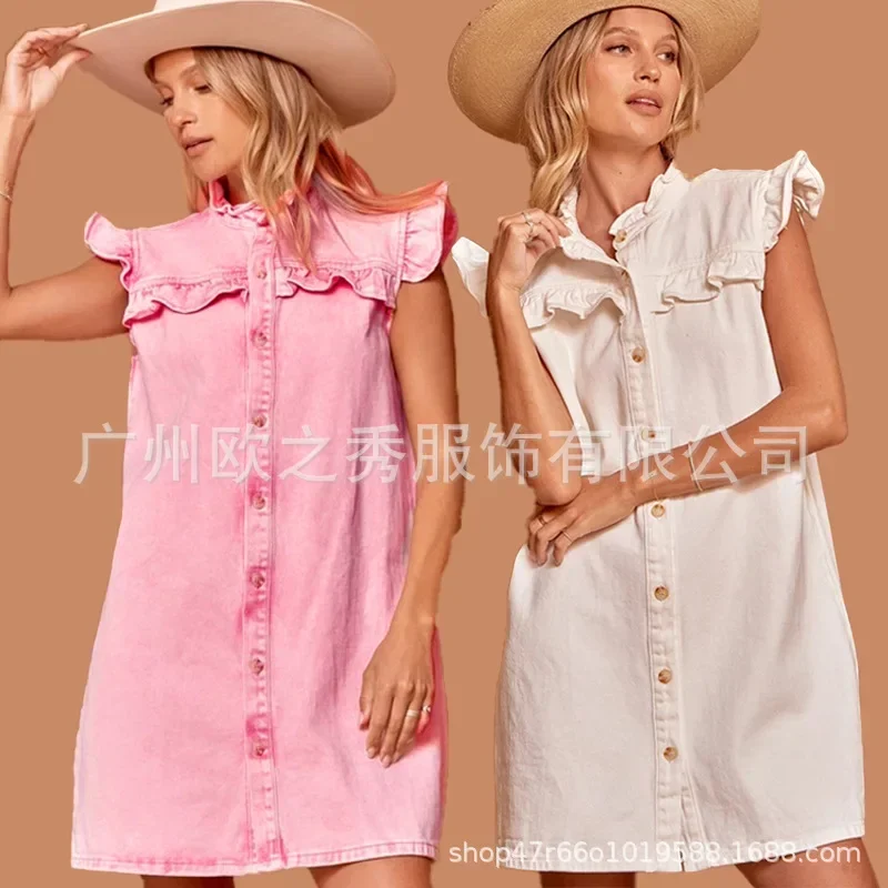 

Casual Denim Dress Women Vintage Thin Fashion White Above Knee Mini Elegant Button Fly Sleeveless Dress 2023 Summer New