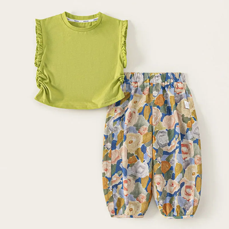 

Summer Girls Outfit Sets Korean Fashion Flowers Print Sleeveless Baby Tops+Loose Pants Toddler Costume Kids Luxury Clothes B116