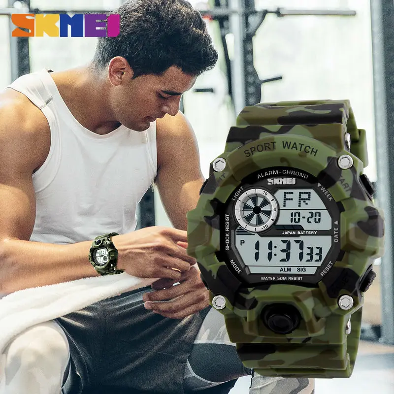 SKMEI Outdoor Sport Watch Men Alarm Clock 5Bar Waterproof Military Watches LED Display Shock Digital Watch Reloj Hombre