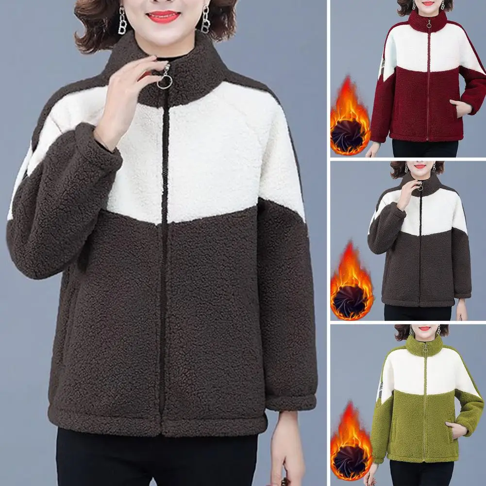 

Winter Warm Coat Cozy Colorblock Winter Coat Plush Warm Stand Collar Cardigan for Women Stylish Neck Protection with Zipper