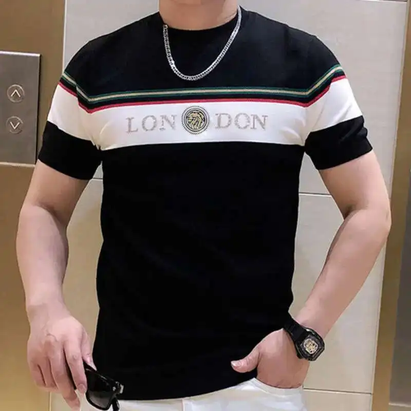 Summer O-neck Top Tee Stitching Men T Shirt Breathable Hot Drill Short Sleeve T-Shirt Social Club Outfits Streetwear Tee Shirt