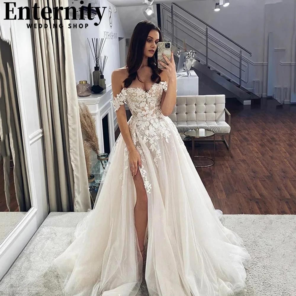 

Romantic Side Split Sweetheart Wedding Dress Backless Bridal Gowns Lace Appliques Off The Shoulder Sweep Train Vestidos De Novia