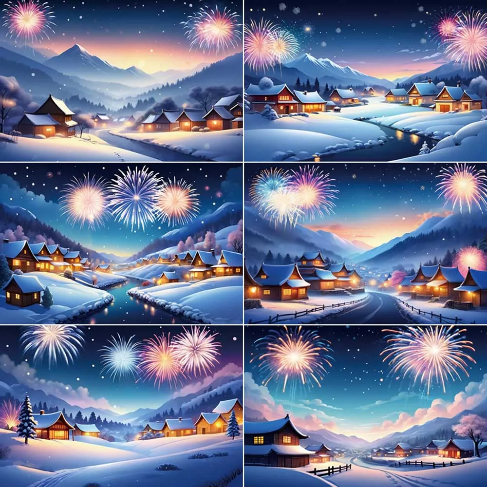 

MOON.QG 2025 New Year Photography Background Christmas Village Fireworks Backdrop Snow Winter Outdoor Photo Studio Accessories