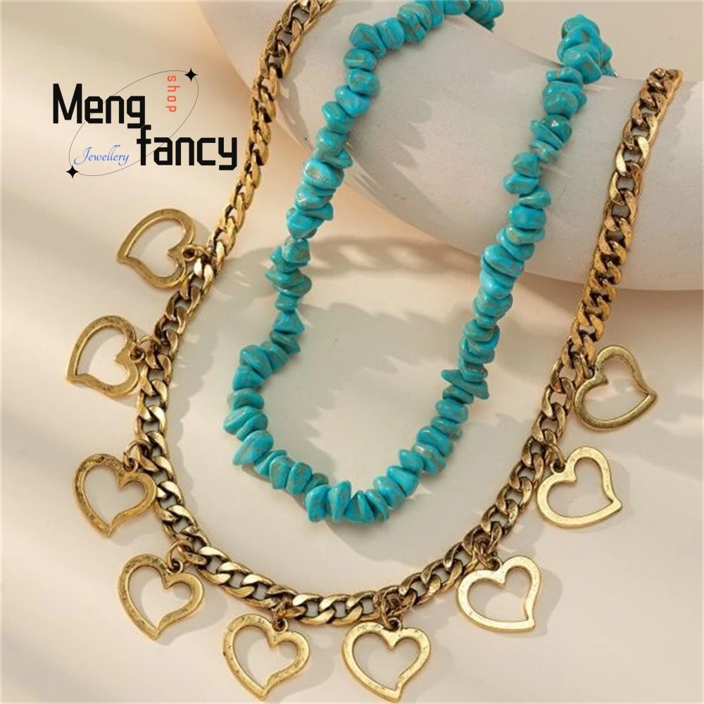 Design Sense Metal Heart-Shaped Round Ball Necklace, Unique And Trendy Hip-Hop Turquoise Necklace Set Fashion Jewelry Elegant