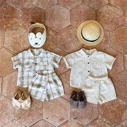 2024 Summer New Baby College Style Lapel Clothes Set Children Casual Striped Shirts + Shorts 2pcs Suit Infant Boys Outfits