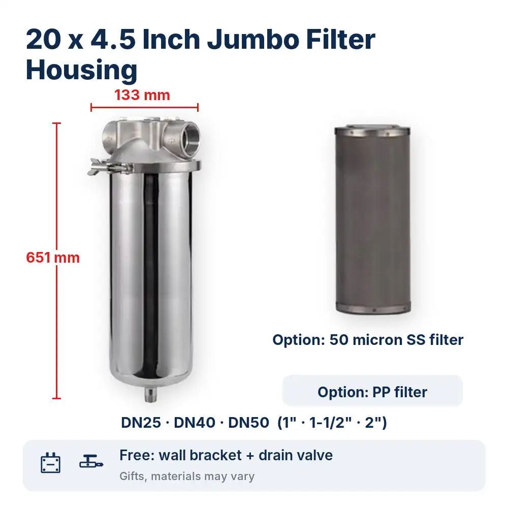 20 x 4.5 Inch Jumbo Stainless Steel Water Filter Housing, Big Whole House Prefilter, DN25 DN40 DN50, Housing Only or with Filter