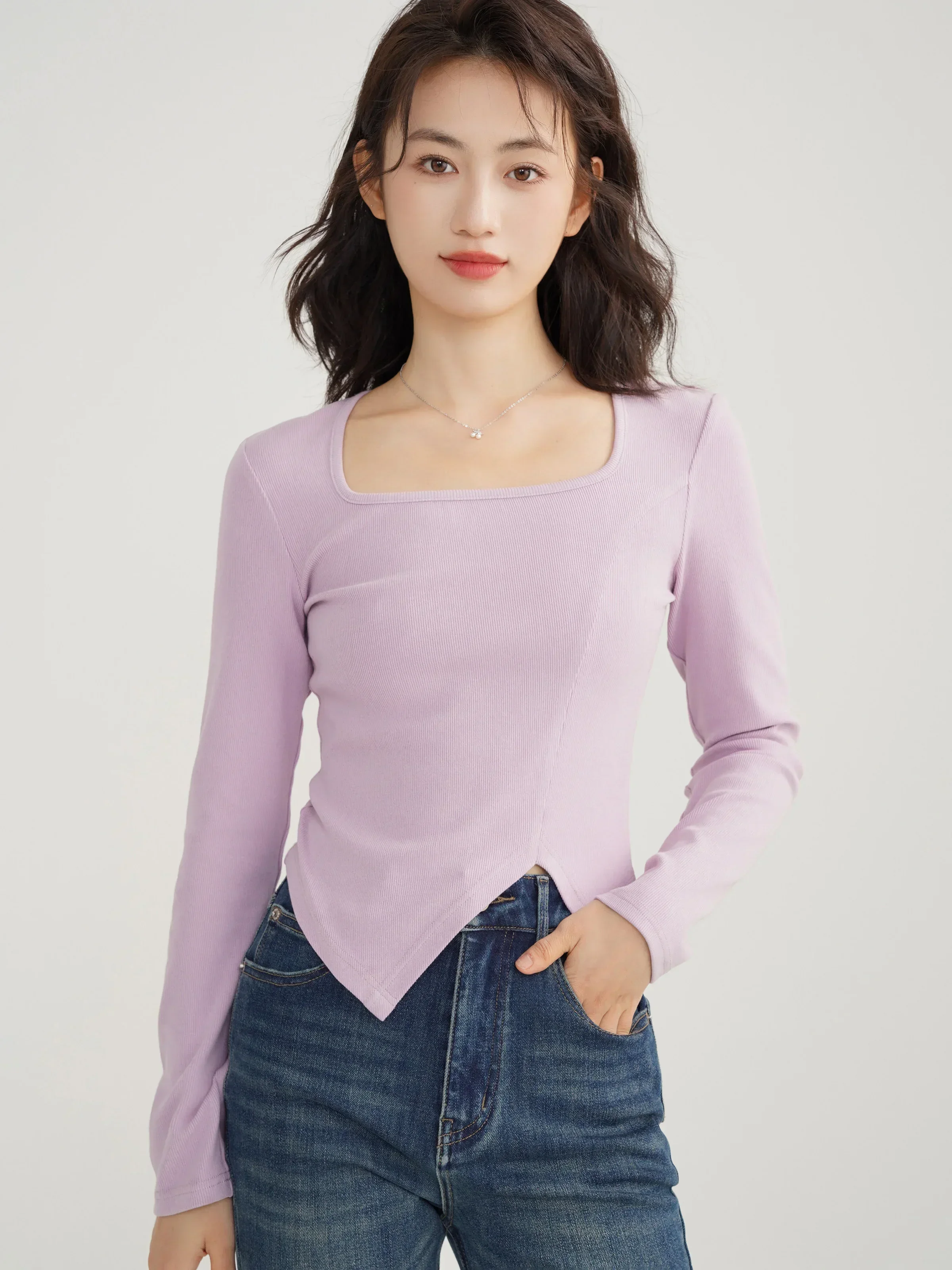 

Women Casual T-shirt,solid Color Square Neck Long Sleeved Cinched Waist Slit Hem Woman Tops, Women Clothing Autumn Spring