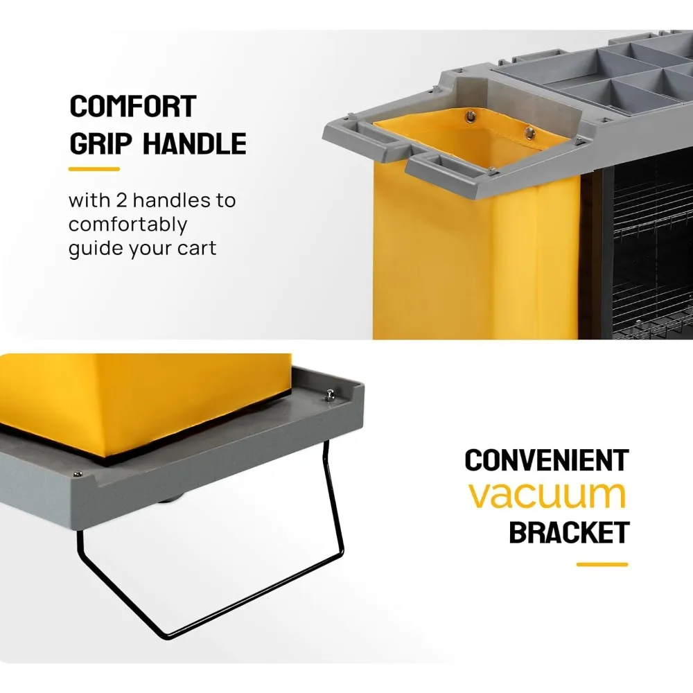 Carrinho de limpeza comercial multifuncional sobre rodas, Premium Hotel and Housekeeping, 154lbs, com sacos Vingyl de grande capacidade