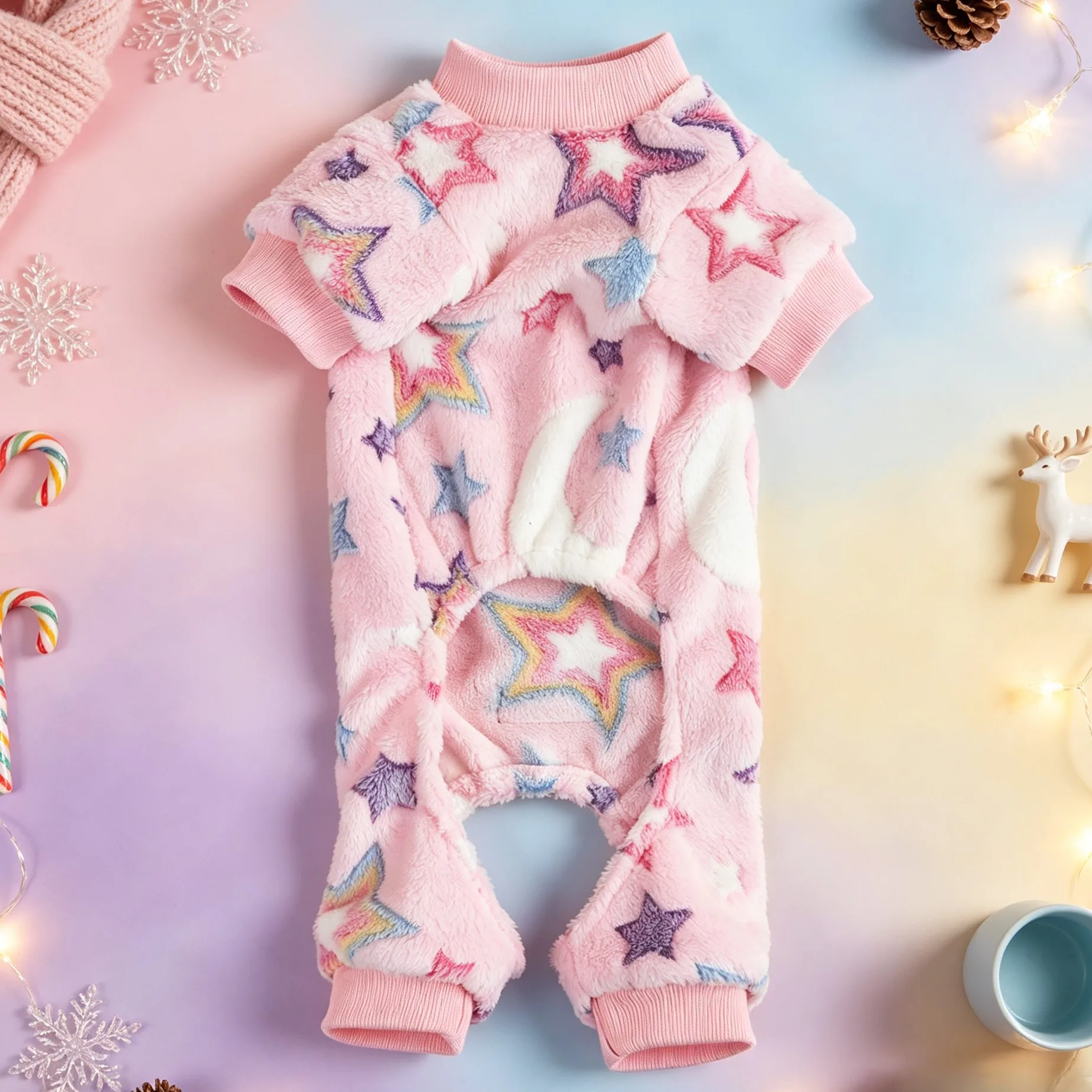 Kleidung für vierbeinige Haustiere, Hunde-Overall-Pyjama, dicke, flauschige Hunde-Kleidung für Herbst und Winter, Hunde-Kleidung mit Regenbogen- und Sternmotiven. – Detail 4